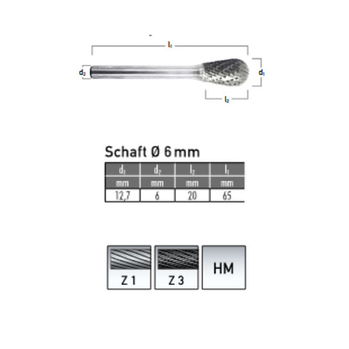 Solid Carbide Bur, Ball Shape, Ø 12,7 x 20mm, Z1 dIMENSIONS